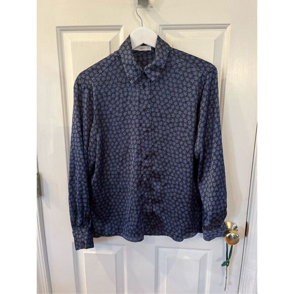 Mango Blue Satin Floral Print Button Down Shirt sz 4 EUC - Picture 1 of 8